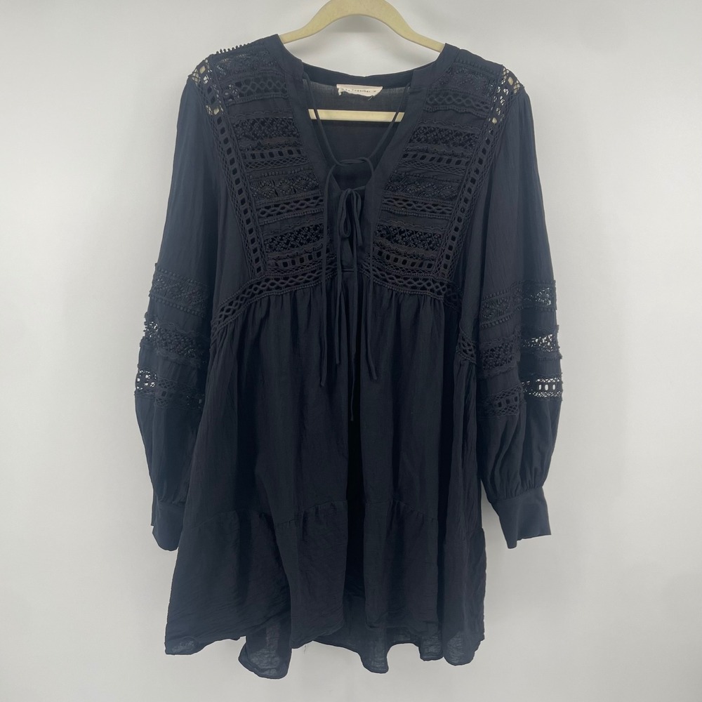 By Together Tunic Dress Womens Medium Black Crochet Lace Boho Babydoll Mini